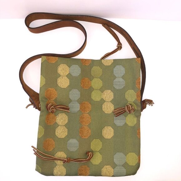 Shoulder Handbag Green Fabric Geometric Design Fold Over Leather Strap Crossbody - Picture 3 of 10